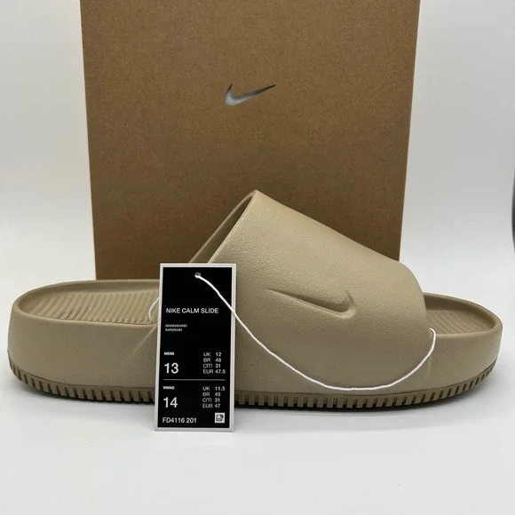 Nike Calm Slide Mens 13 Womens 14 Khaki Tan Slip On Sandals FD4116-201 - Picture 1 of 10